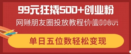 99元狂撬500+创业粉，单日五位数轻松变现，网创朋友圈投放教程-第一人副业终点站